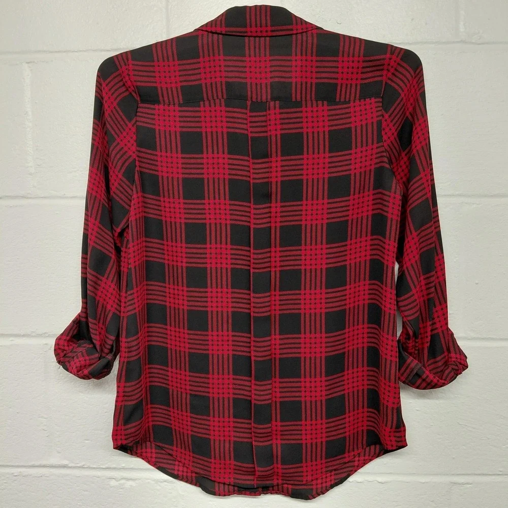 The Limited Blouse Women's XS Plaid Red Black Button Up Tab Sleeve Shirt Top